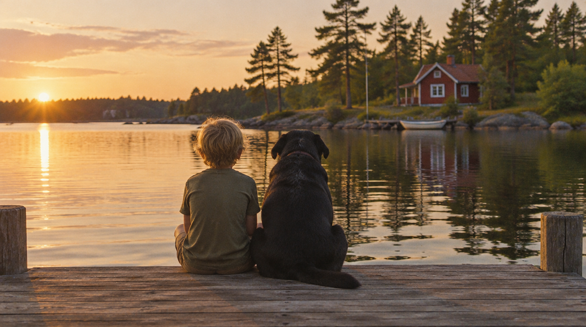 Barn och hund på bryggan en sommarkväll