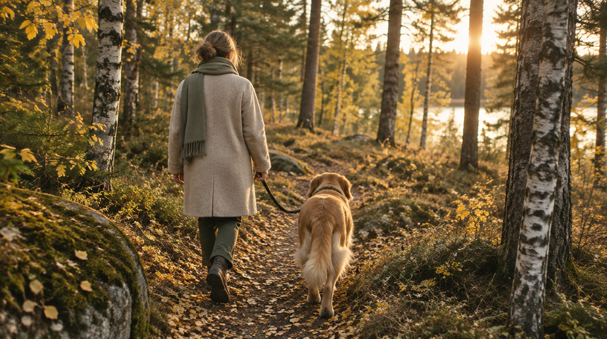 Hund och matte på promenad i höstskogen