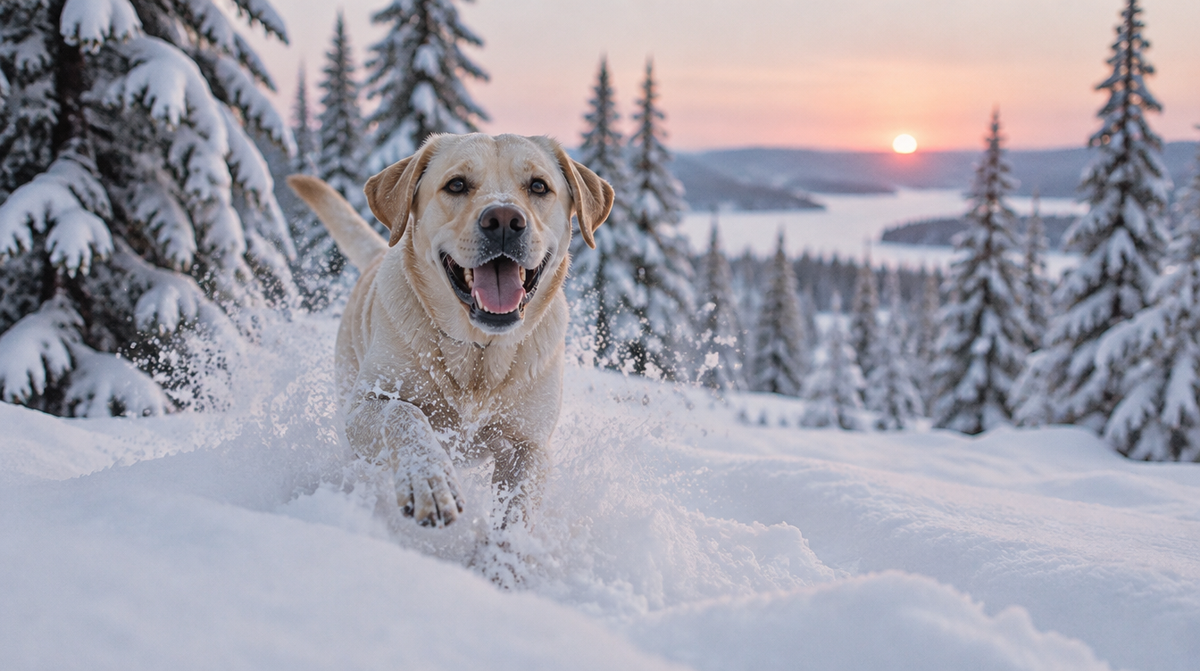Hund som springer i snön
