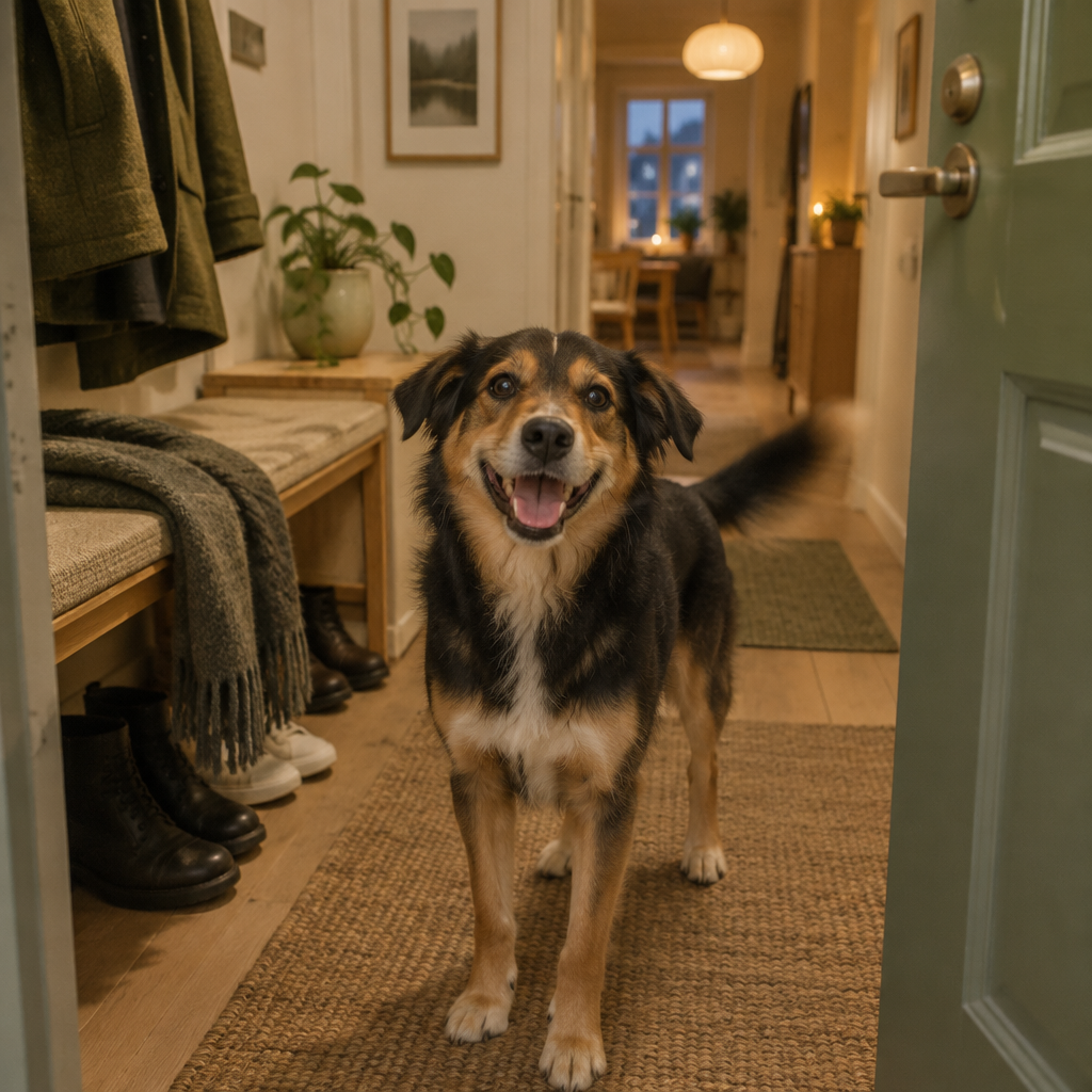 Glad hund som välkomnar hem i hallen