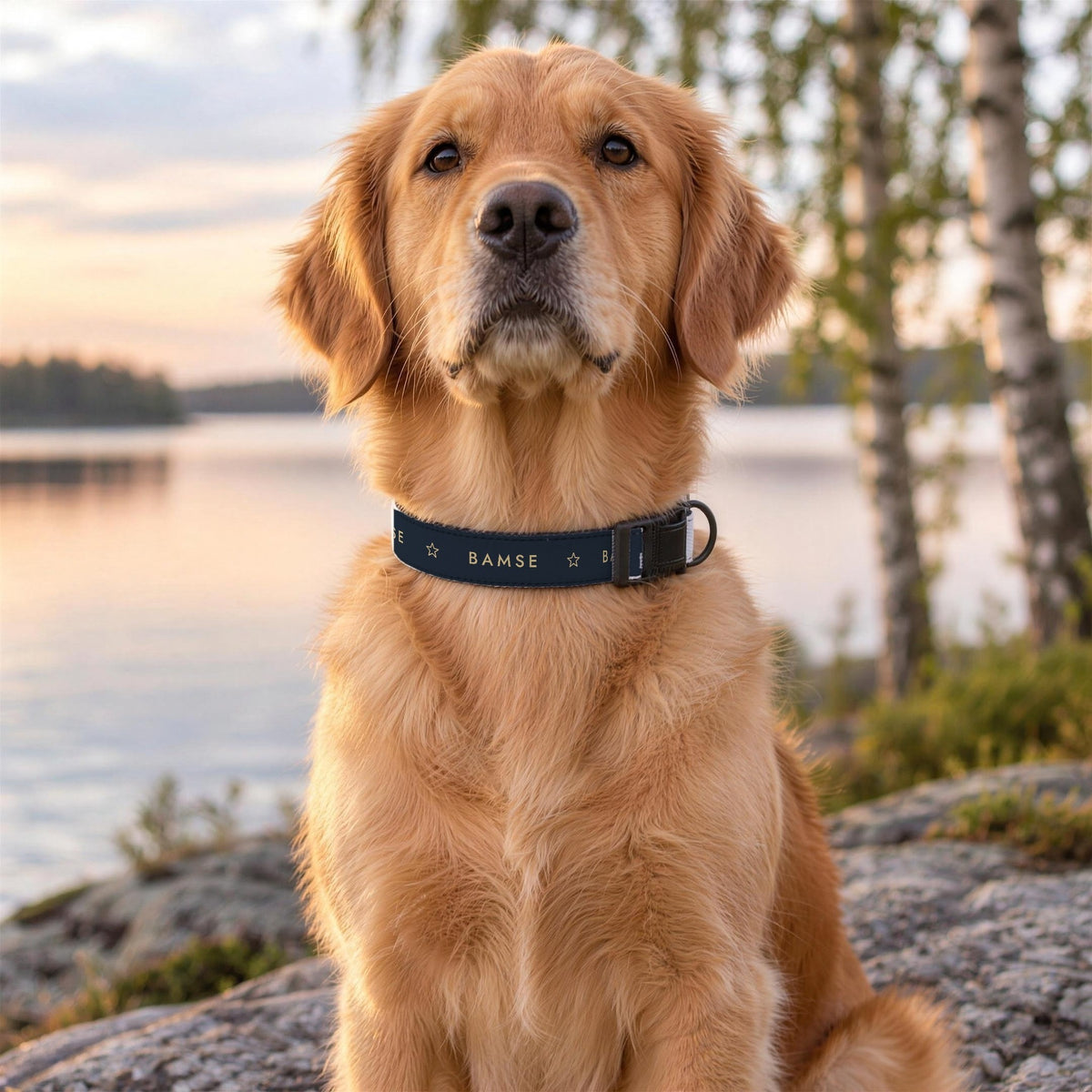Golden retriever vid sjön med ett personligt halsband i Natt med namnet Bamse
