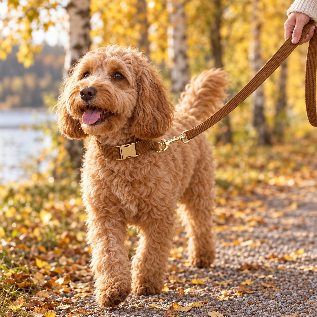 Hund på promenad i höstparken med halsband och koppel i karamellfärgad manchester