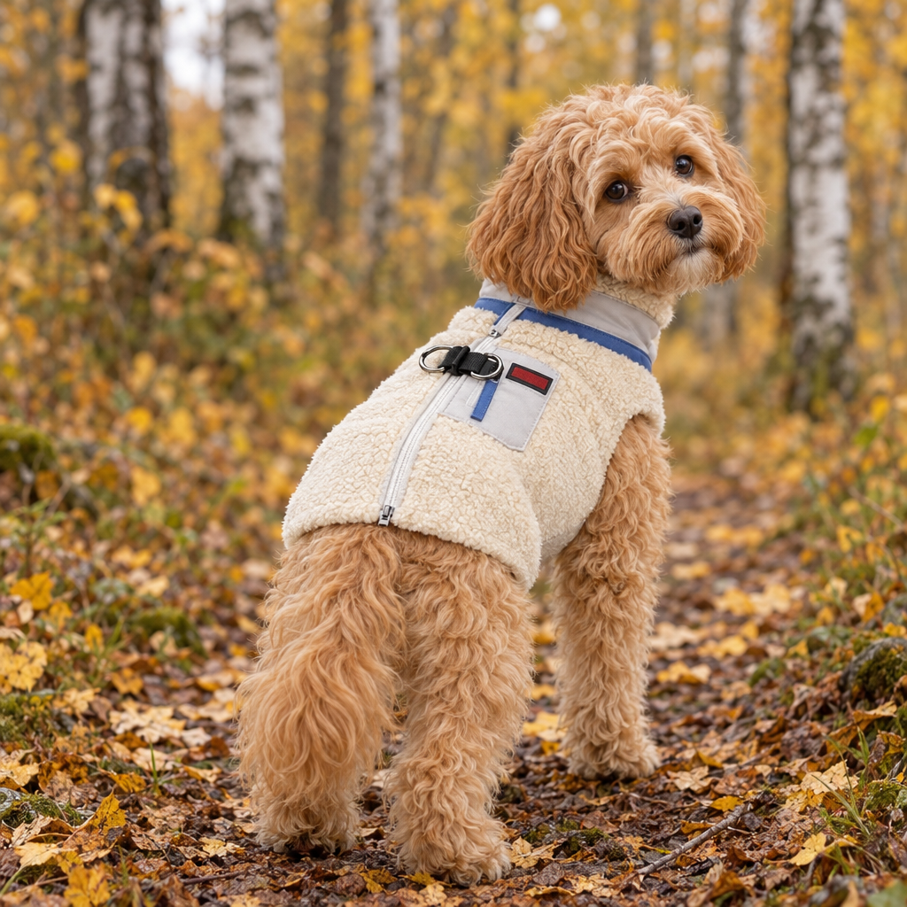 Hund i teddyväst i färgen havre på en skogsstig i höstskogen