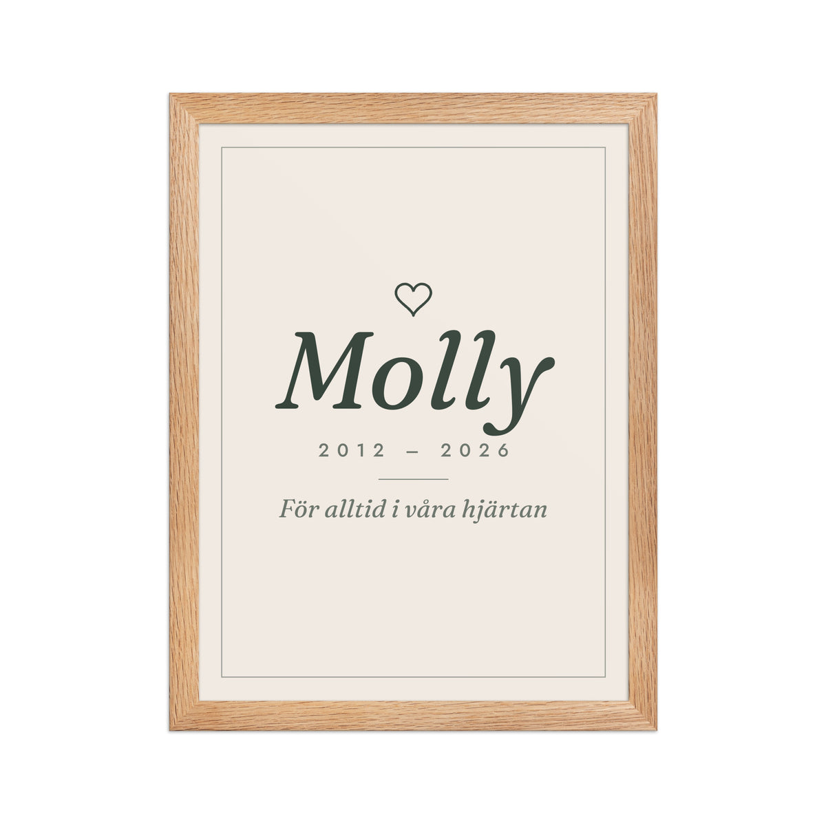 Minnestavla i ekram med namnet Molly, årtalen 2012–2026 och raden För alltid i våra hjärtan