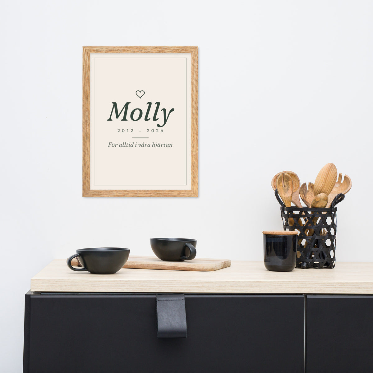 Minnestavla med namnet Molly ovanför en skänk