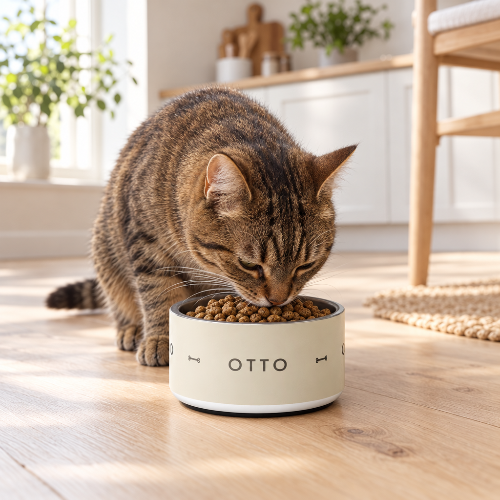 Tabbykatt äter ur matskål med namnet Otto i ett ljust kök