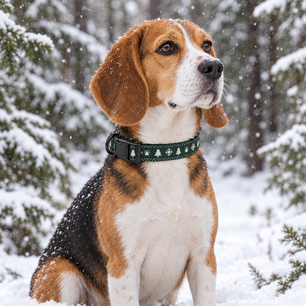 Beagle i snöig skog med grönt julhalsband med granar