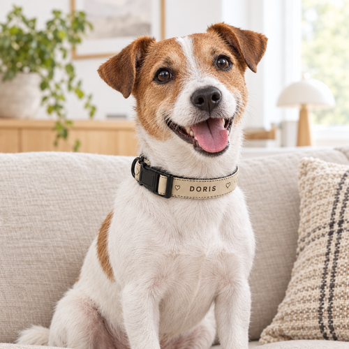 Jack russell i soffan med personligt halsband med namnet Doris