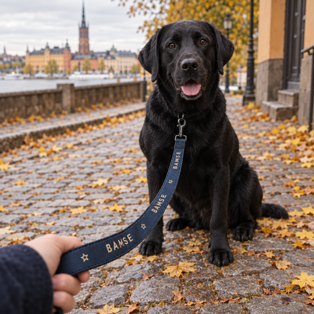 Svart labrador på kullerstenar i Stockholm med personligt koppel med namnet Bamse