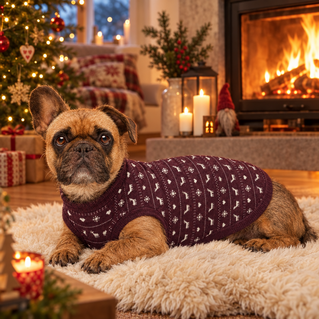 Hund i stickad jultröja Glögg vid brasan