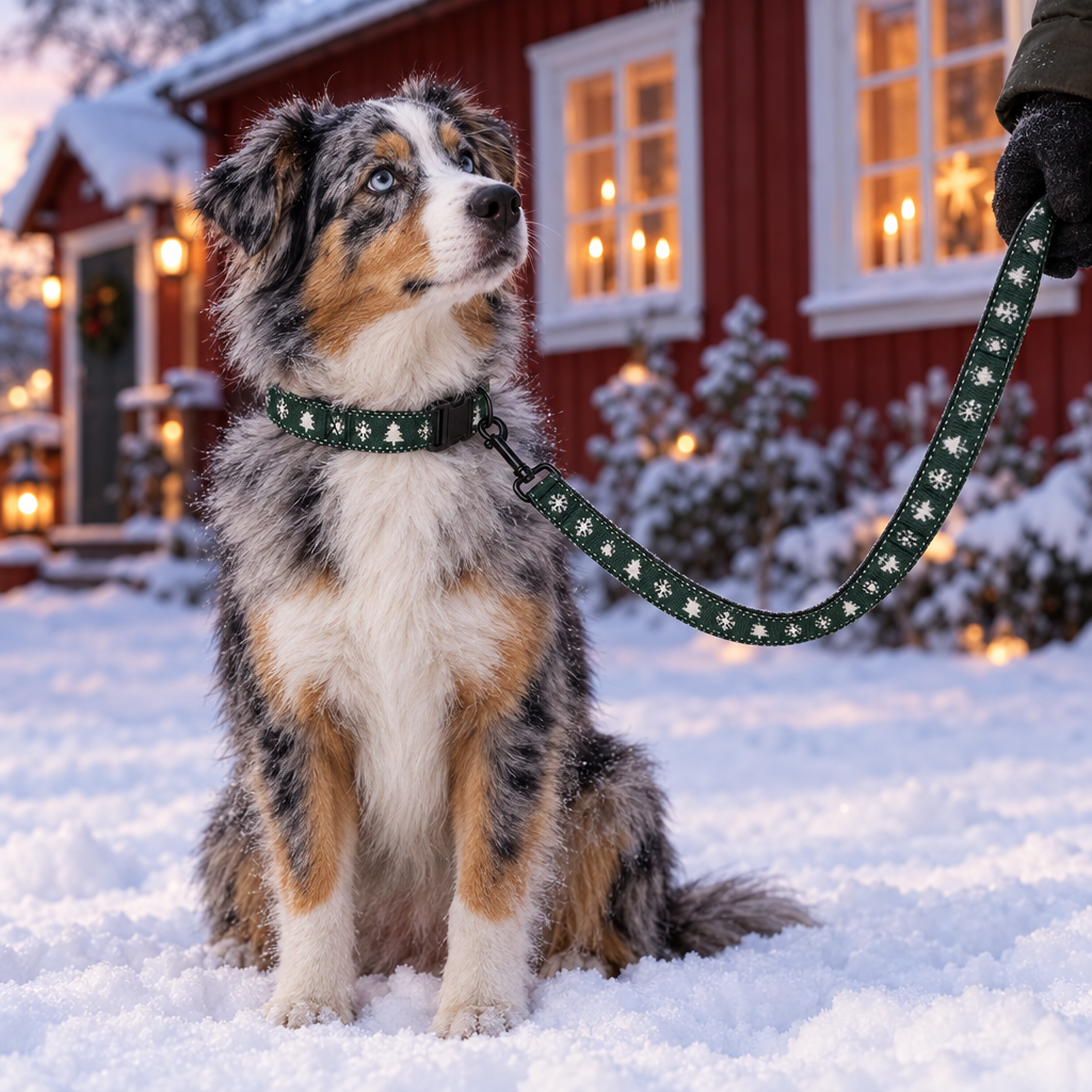 Australian shepherd i snön framför röd stuga med julhalsband och julkoppel