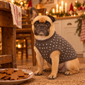 Mops i stickad jultröja Pepparkaka bredvid pepparkakor