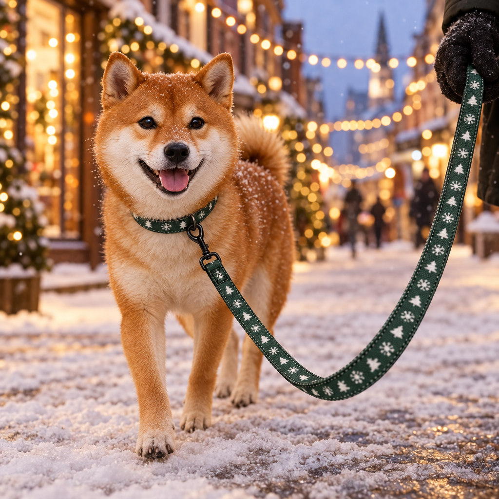 Shiba på snöig gata i julbelysning med grönt julkoppel