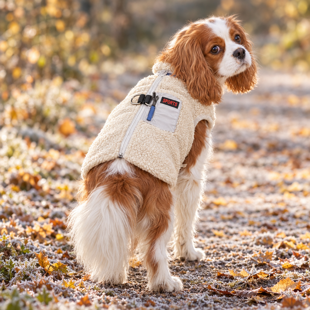 Cavalier king charles i teddyväst i havre, dragkedja, ficka och koppelring på ryggen