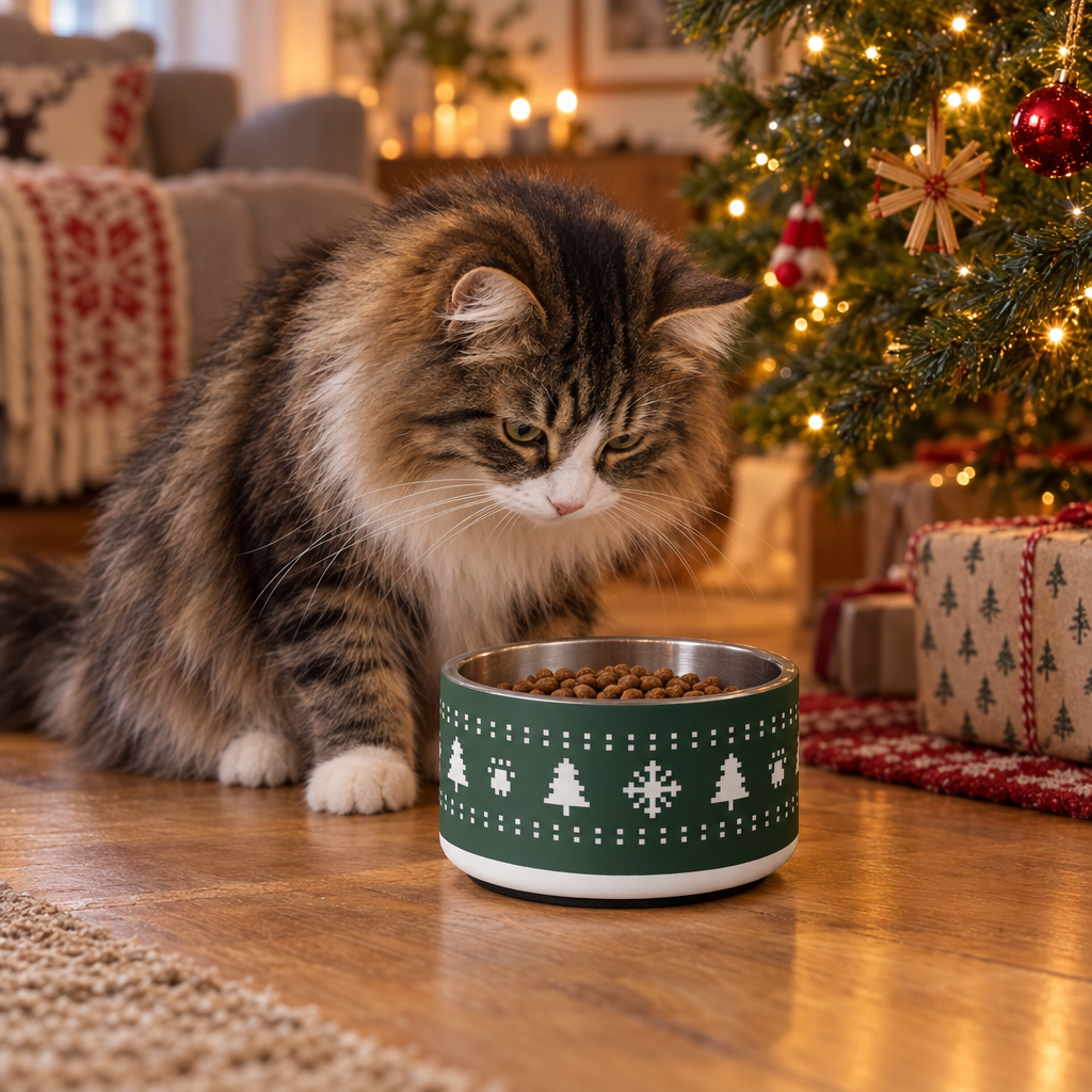 Norsk skogkatt vid julgranen äter ur grön julmatskål med granar