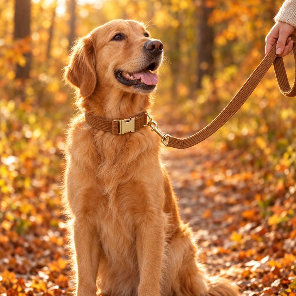 Golden retriever i höstskogen med halsband och koppel i karamellfärgad manchester