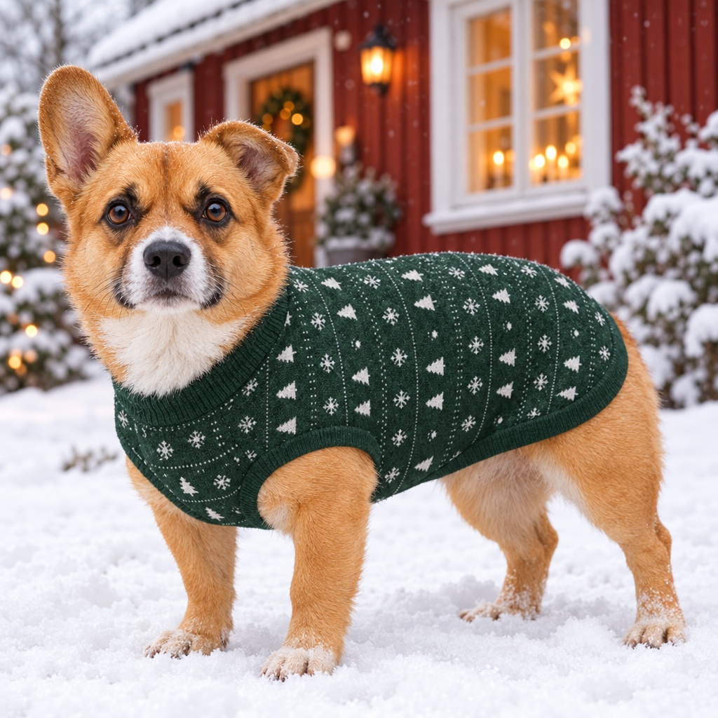 Corgi i snön framför röd stuga i stickad jultröja Granskog