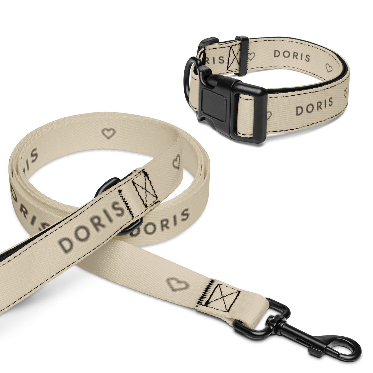 Promenadset i Havre: halsband och koppel med namnet Doris